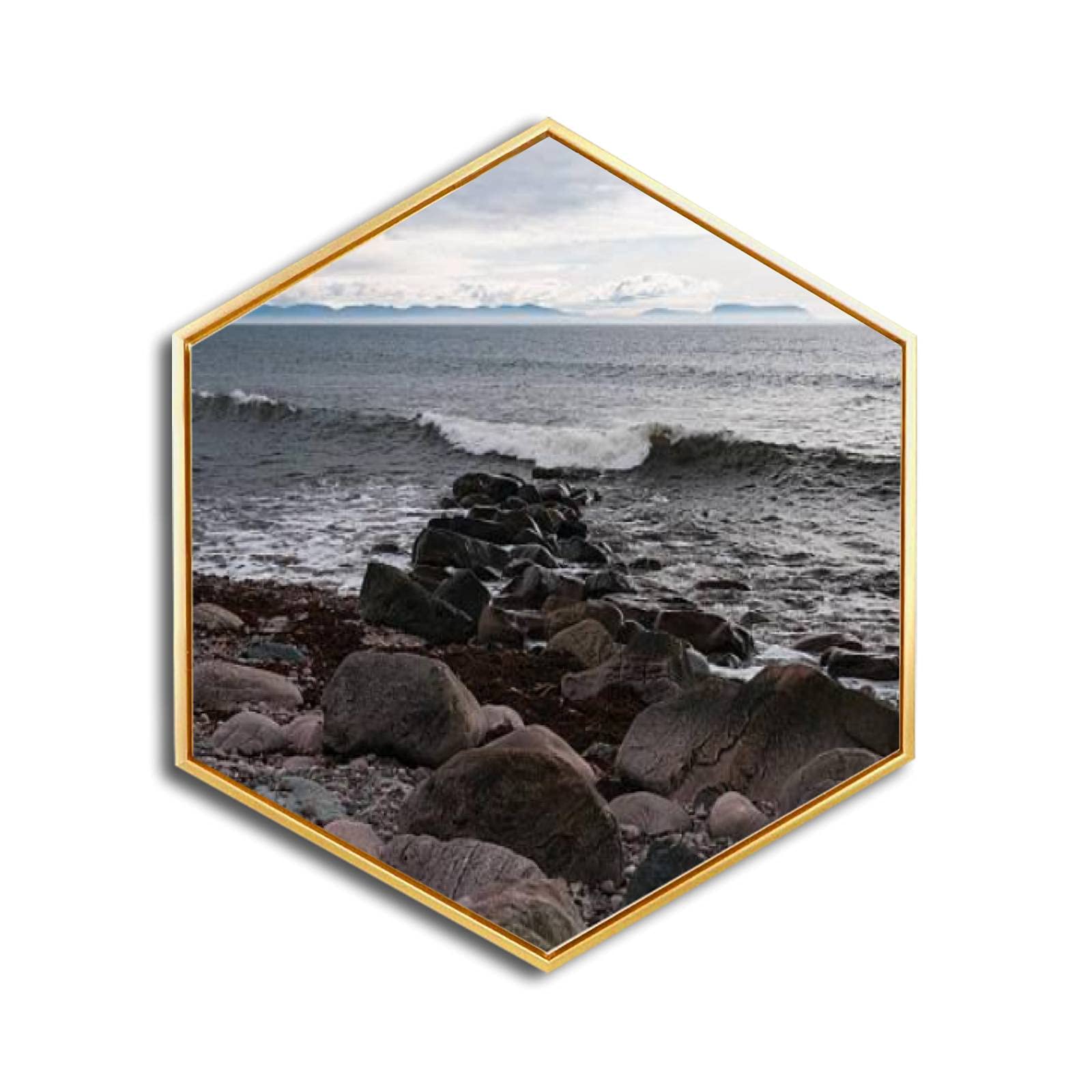 Scottish Seascape Canvas Wall Art - Golden Framed Giclee Print - Modern Minimalist Hexagon Wall Decor for Home & Office - Ready to Hang - Perfect for Living Room, Bedroom & Workspace Decor