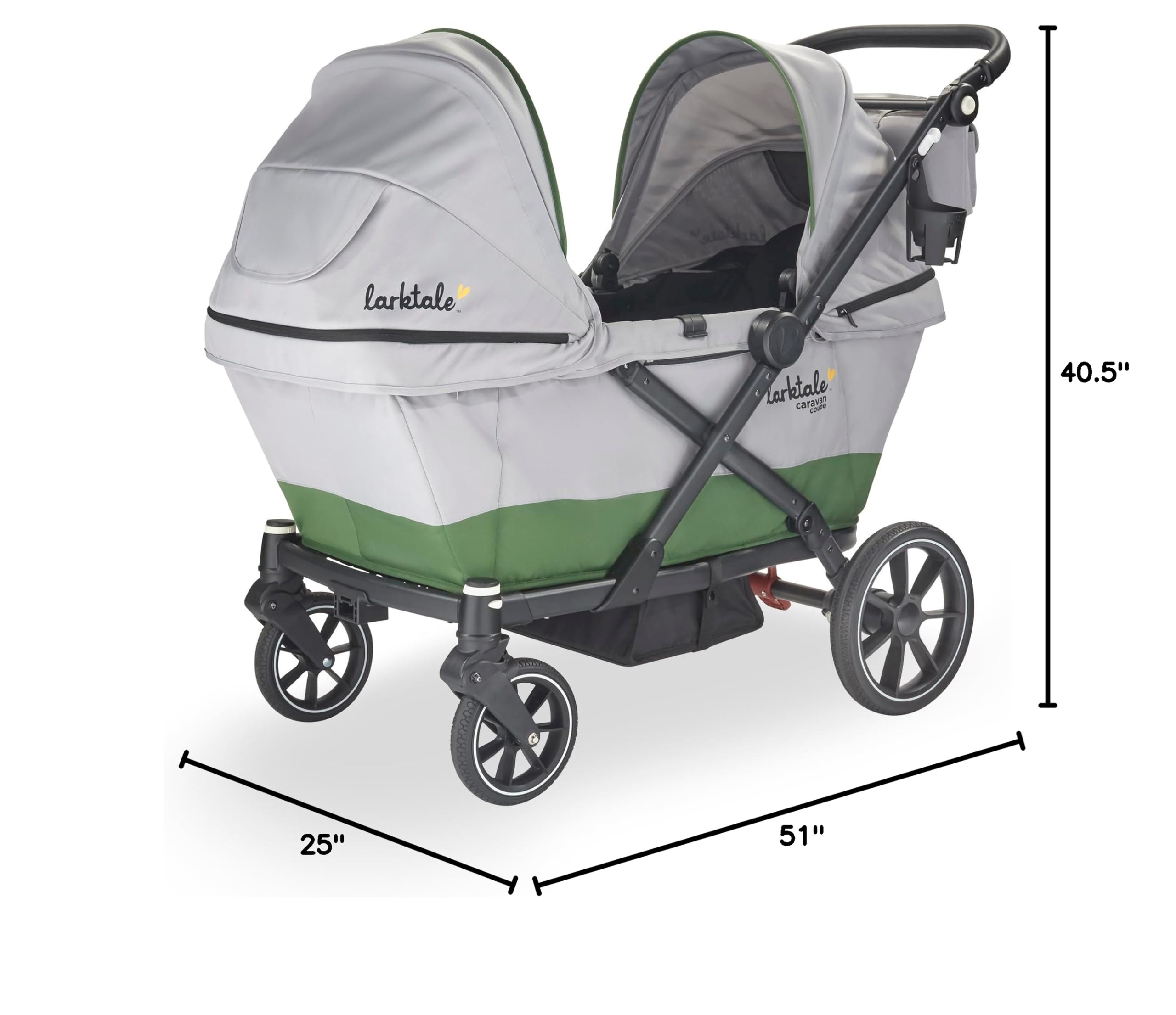 Larktale Caravan Coupe Compact 2-Seater Stroller Wagon - Lightweight Foldable Baby Wagon with Adjustable Canopies (Gray/Green) - Perfect for Travel, Park Outings & Beach Trips