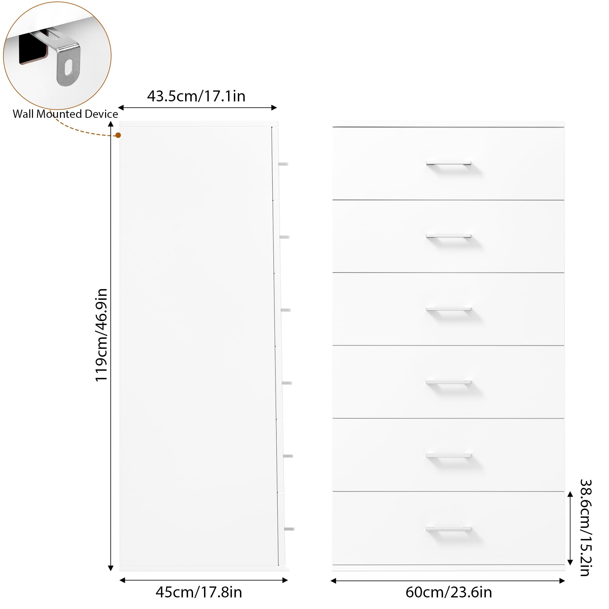 FOTOSOK 6-Drawer White Dresser - Modern Tall Chest of Drawers with Metal Handles, 23.6