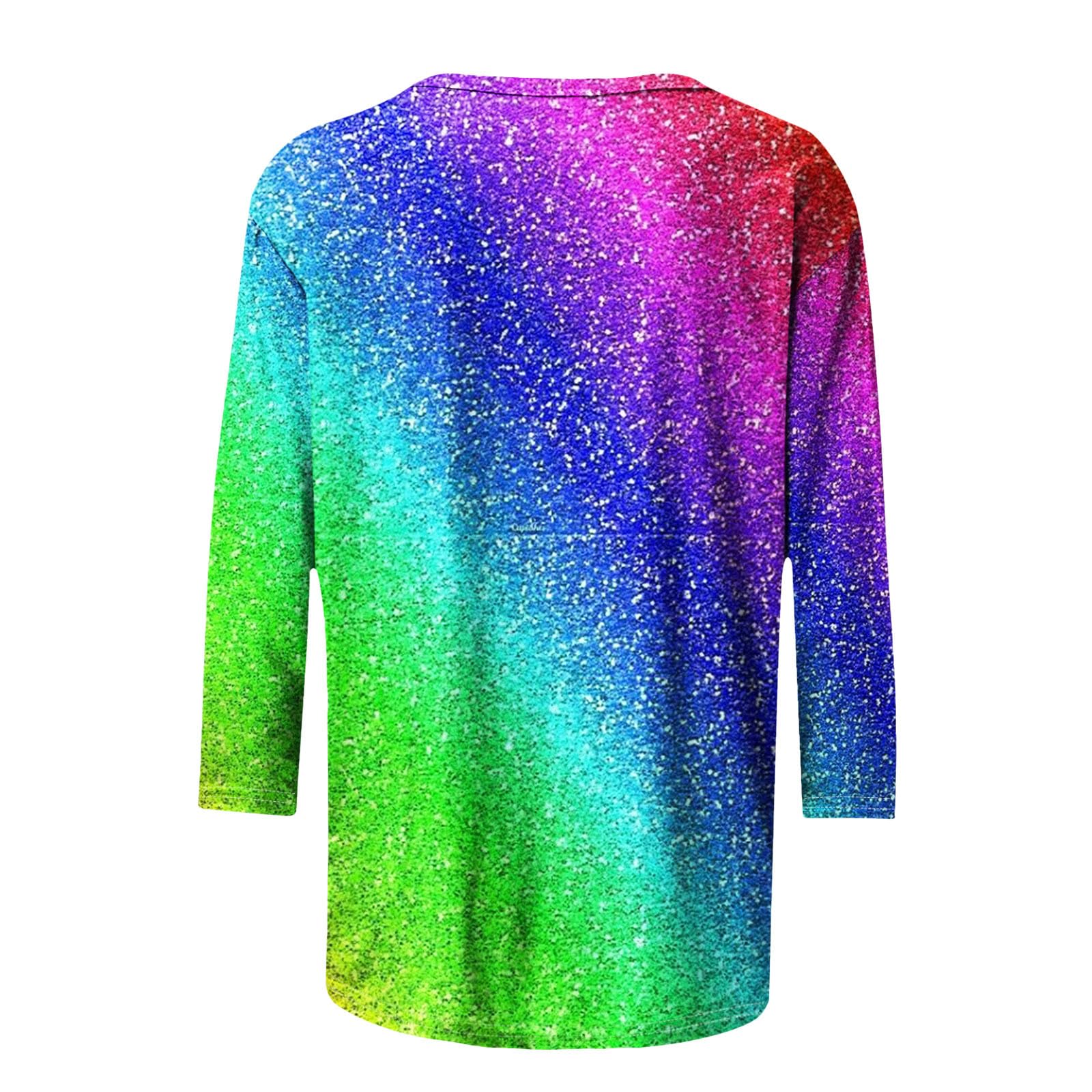 Wodceeke Women's 3/4 Sleeve Rainbow Print T-Shirt - Loose Casual Summer Top, Fashion Blouse for Ladies | Perfect for Beach Outings, Date Nights & Casual Wear