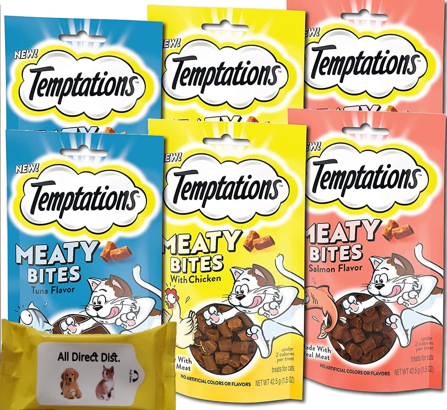 Temptations Cat Treats Variety Pack - 6 Packs of Meaty Bites (Tuna, Salmon, Chicken) 1.5oz Each + Free All Direct Wipes | Delicious Snacks for Indoor & Outdoor Cats | Perfect for Training, Rewards & Bonding Time