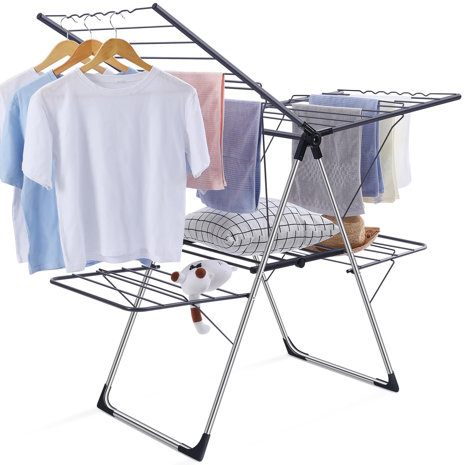 APEXCHASER Foldable 2-Tier Clothes Drying Rack with Adjustable Height - Space Saving Laundry Rack for Indoor & Outdoor Use - Perfect for Drying Clothes, Towels, and Delicates in Small Apartments or Backyards