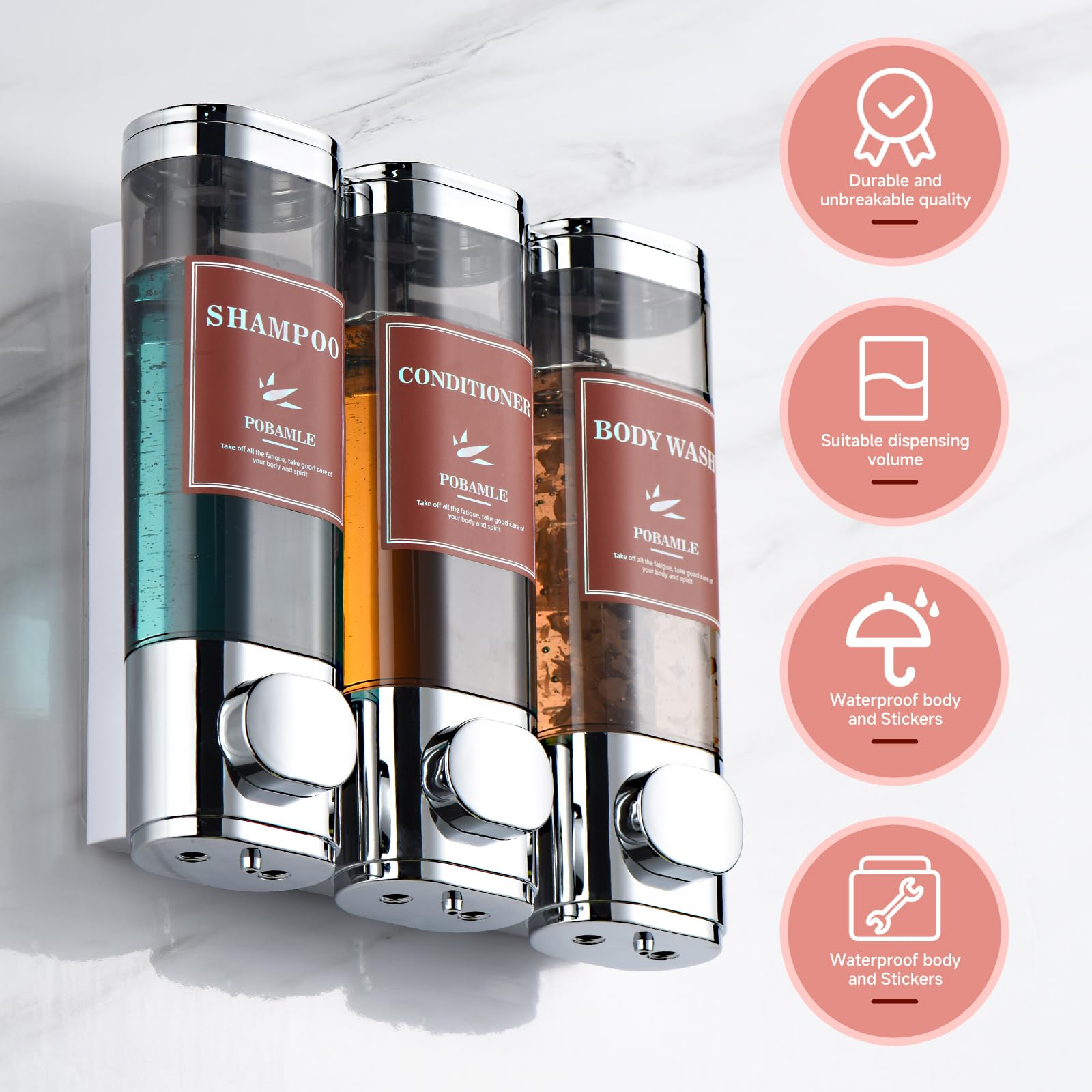 Wall Mounted No-Drill 3-Chamber Shampoo, Conditioner & Body Wash Dispenser - Chrome Shower Soap Dispenser Holder for Bathroom Organization | Perfect for Family Showers, Gym Locker Rooms & Spa-Style Bathrooms