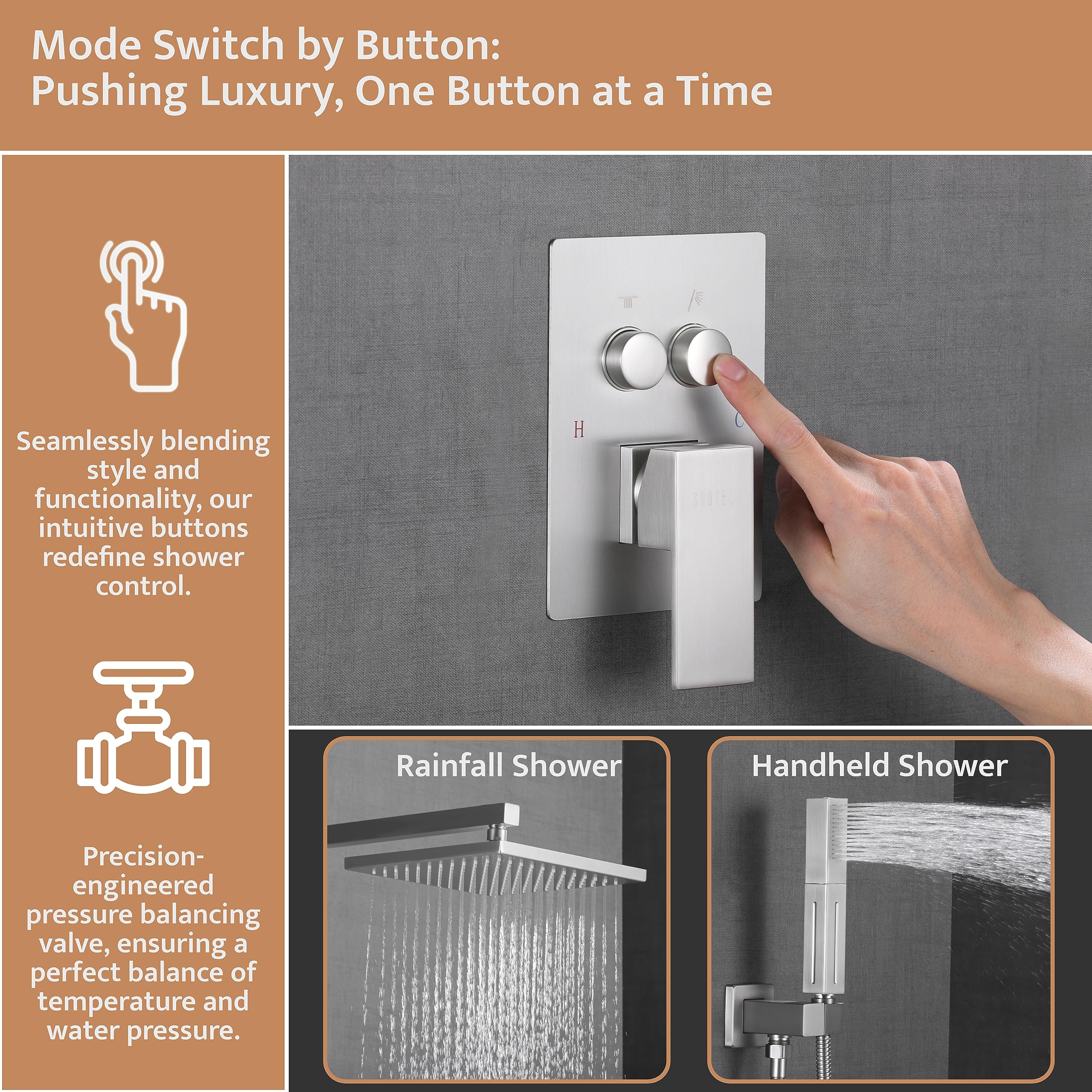 Brushed Nickel Wall Mount Shower Faucet Set with 2-in-1 Handheld Shower Head and Push Button Diverter - 10 Inch Rainfall Shower System for Bathroom Remodeling and Spa-Like Experience