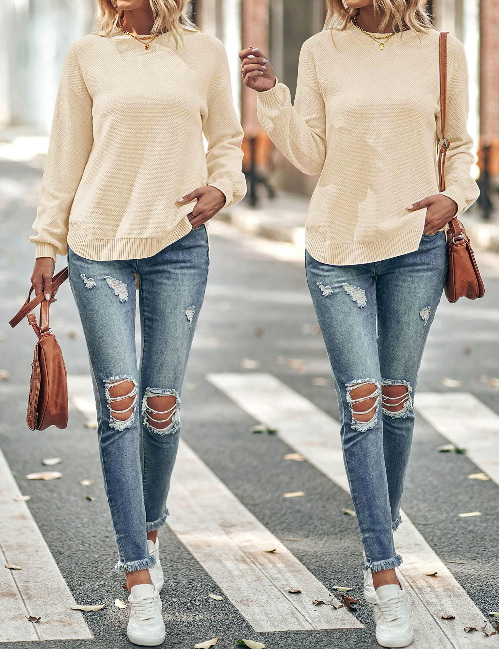 MEROKEETY Women's Fall 2025 Long Sleeve Crew Neck Sweater - Waffle Knit Pullover Top with Balloon Sleeves | Soft & Cozy Jumper for Autumn Outfits, Office Wear & Casual Dates