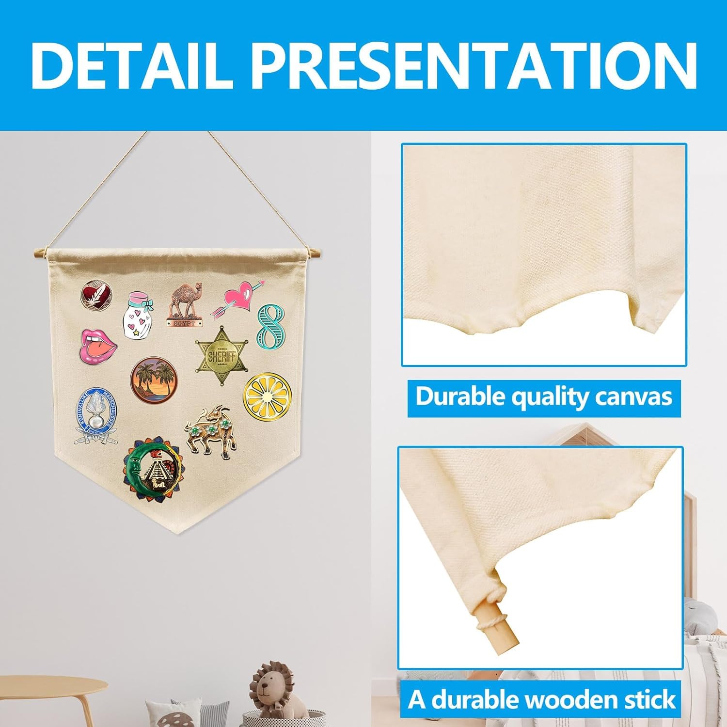 4 PCS Canvas Banners - Wall Hanging Jewelry Organizer for Brooches, Enamel Pins, Earrings & Necklaces - Sublimation Blank Display Case with Stand - Perfect for Boutique, Craft Shows & Home Decor
