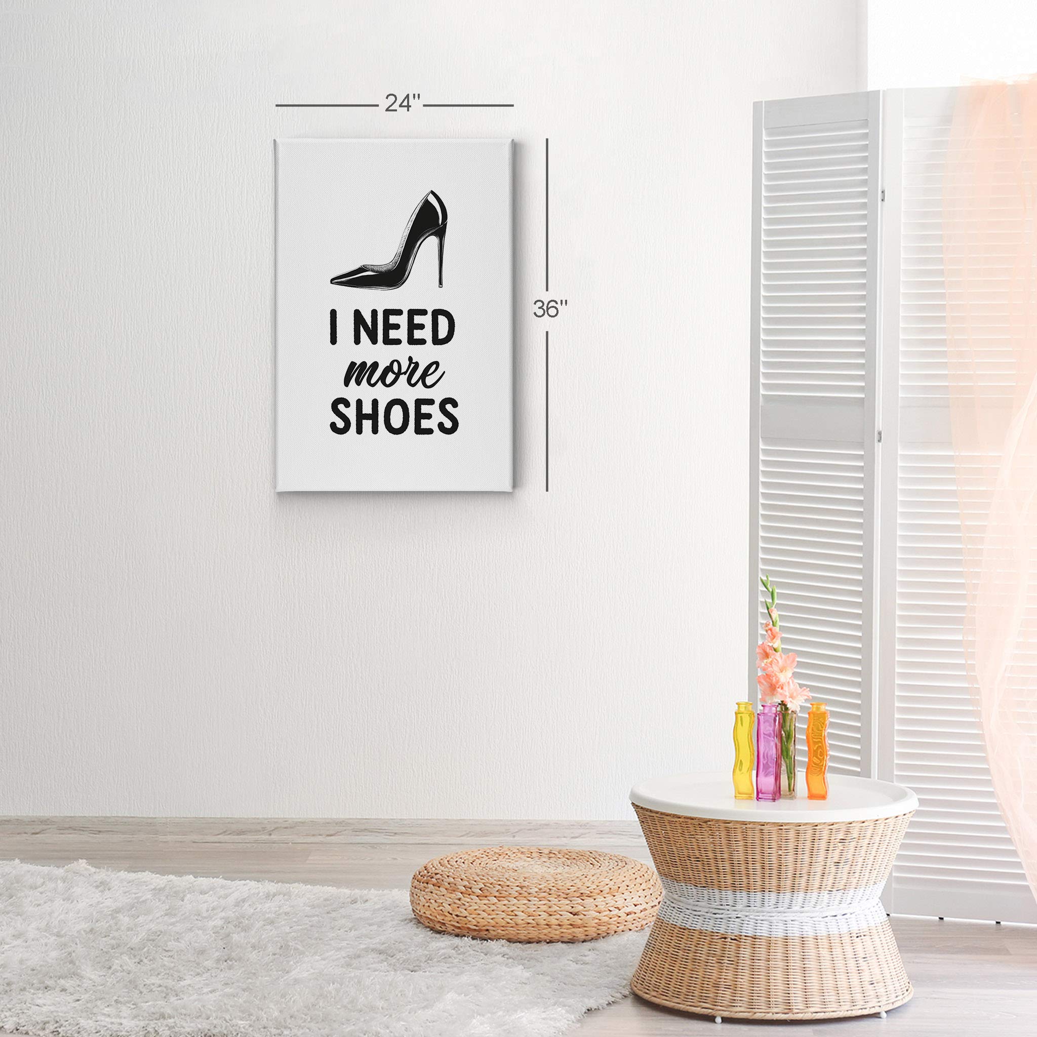 Smile Art Design 'I Need More Shoes' Quote Black & White High Heels Glam Fashion Canvas Print - Wall Art for Office, Bathroom, Girls Room, Women's Dorm, Bedroom & Living Room Decor - Ready to Hang 22x15 Inches - Perfect for Shoe Lovers & Fashion Enthusiasts