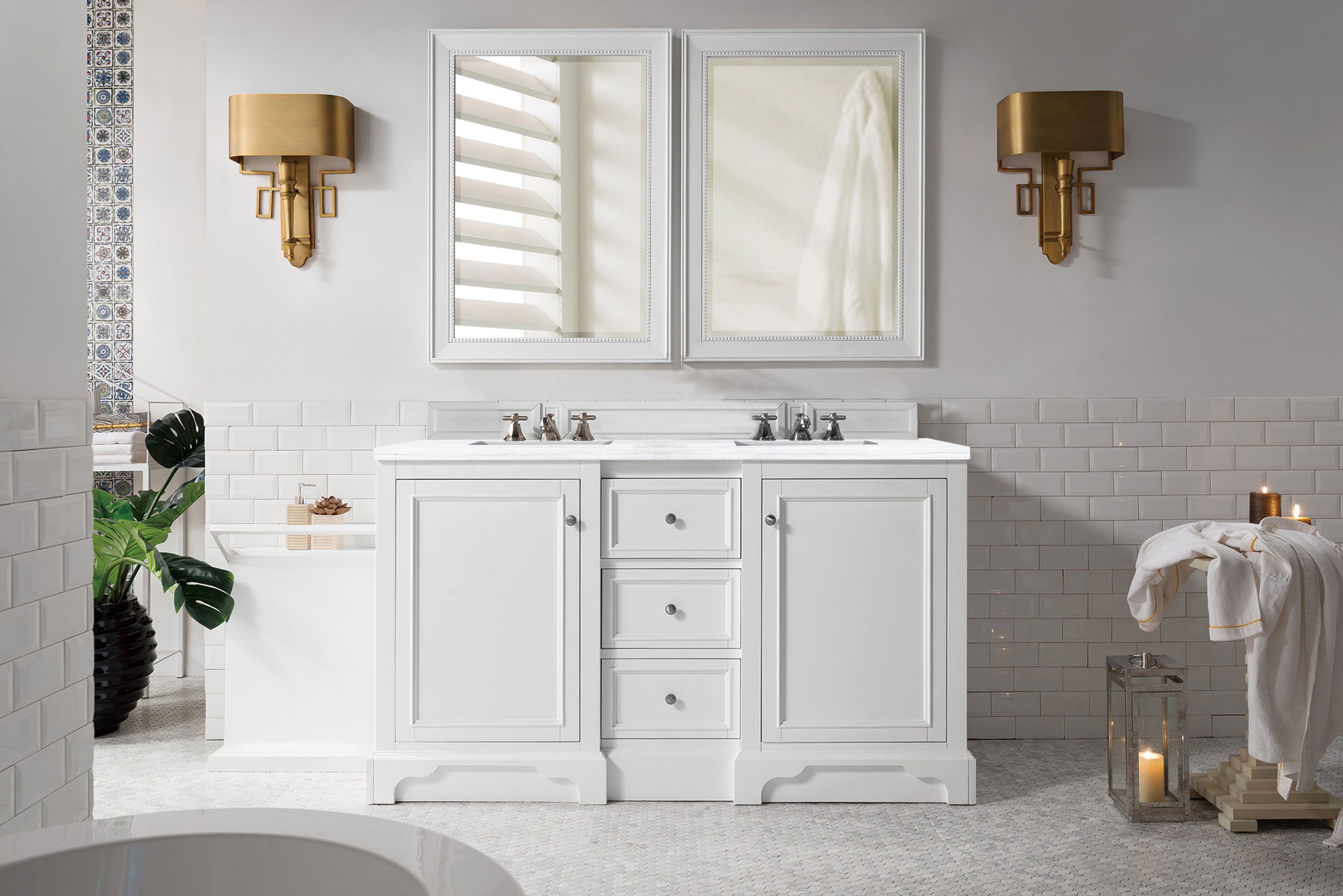 De Soto 60 Inch Double Vanity with 3CM Arctic Fall Solid Surface Top in Bright White - Perfect for Modern Bathroom Renovations and Master Suite Upgrades