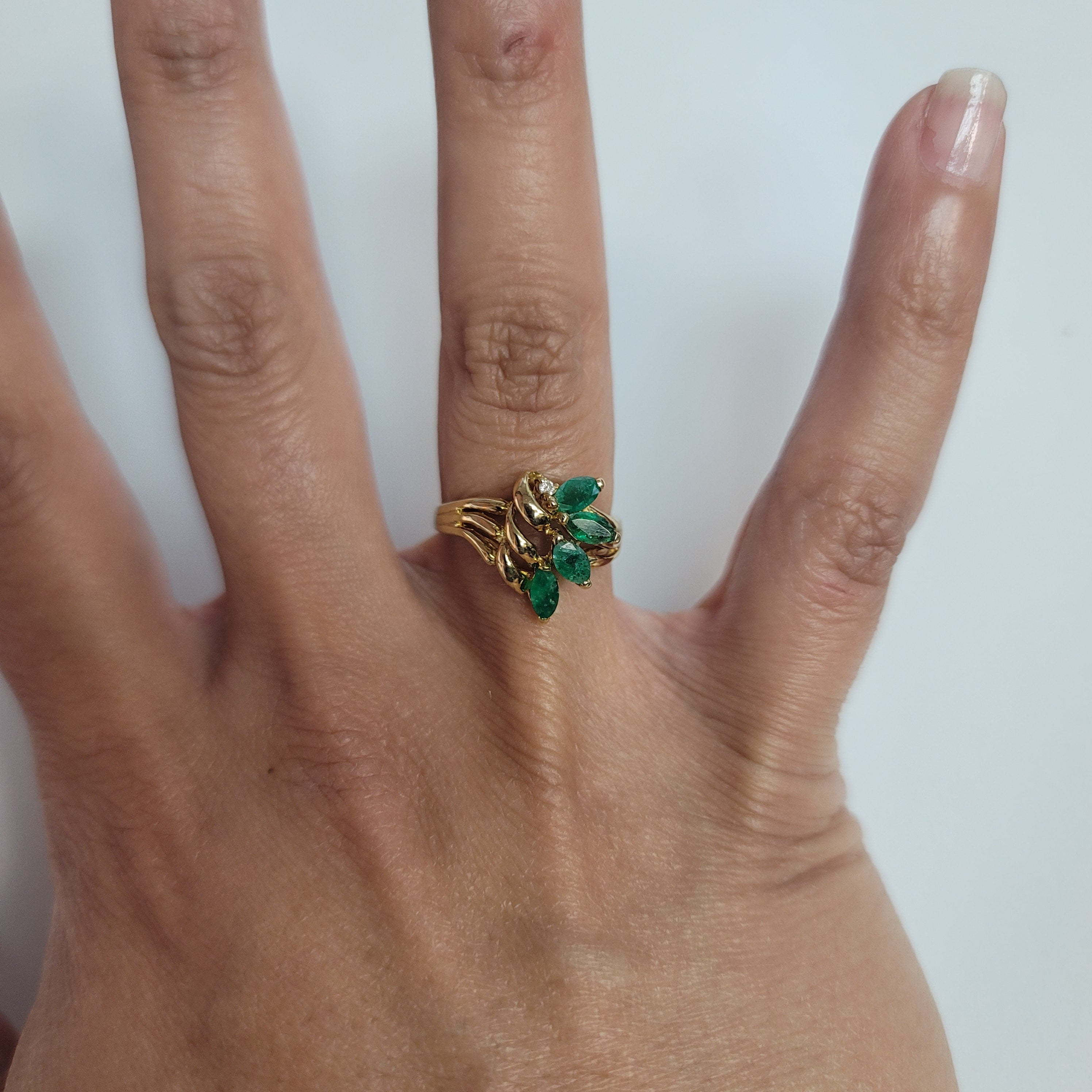 14K Yellow Gold Marquise Emerald & Diamond Ring - 0.33cttw Vintage Style Engagement Ring for Women, Perfect for Proposals, Anniversaries & Special Occasions