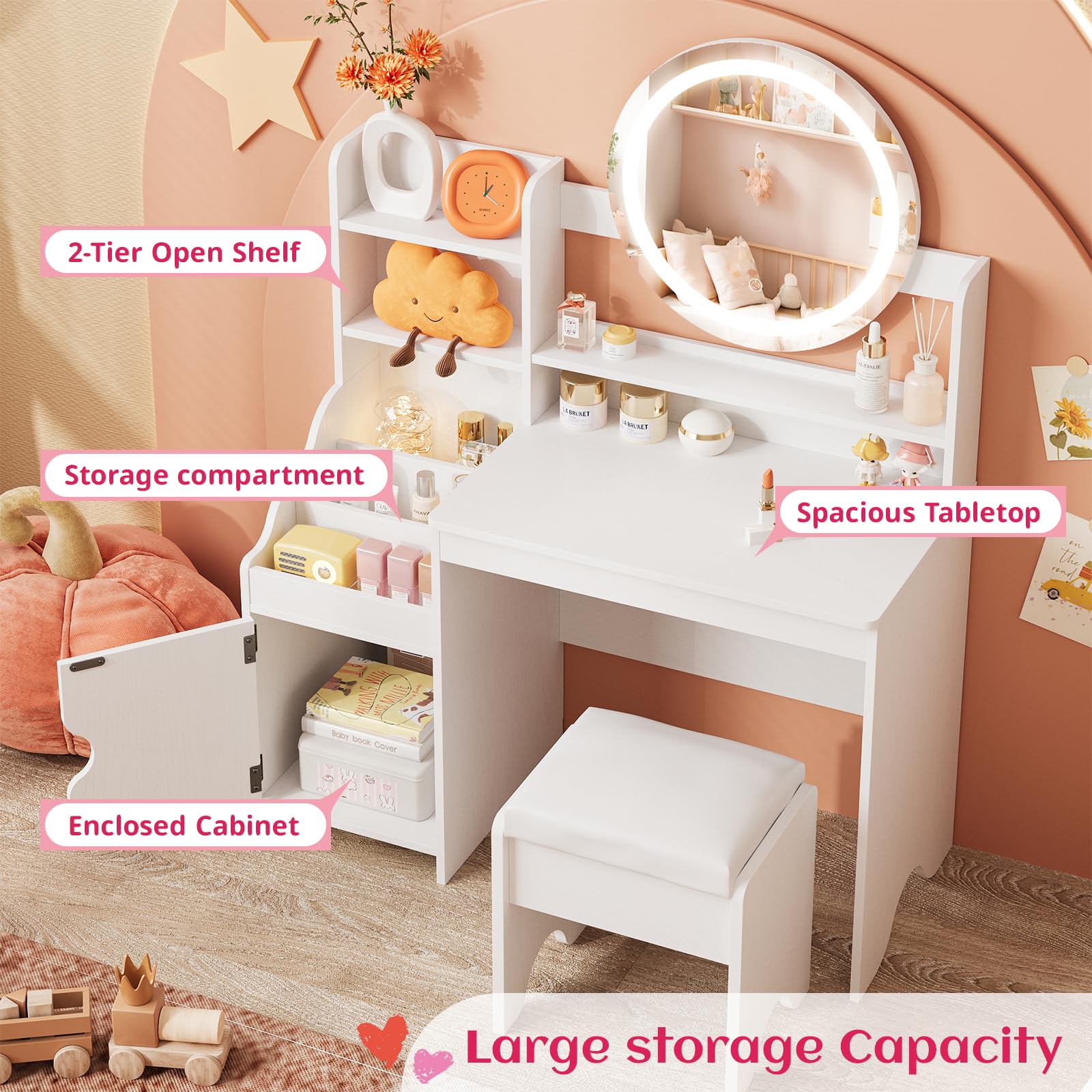 Vabches Kids Vanity Set with LED Lights - Princess Makeup Vanity Desk with Bookshelf, Storage Cabinet & Shelves - Toddler Vanity Table & Chair Set - Pretend Play Dress Up Toy for Little Girls (White) - Perfect for Bedroom Decor & Imaginative Play