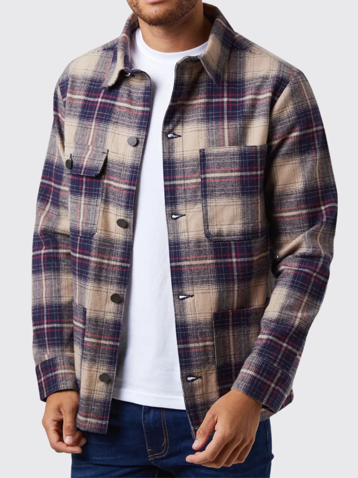 Brave Soul Men's Navy Beige Brushed Cotton Overshirt Jacket - Casual Button-Up Shirt for Layering, Outdoor & Streetwear Fashion