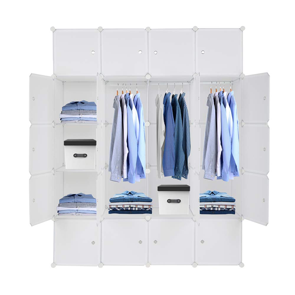 20-Cube Stackable Plastic Storage Shelves - Modular Closet Organizer with Hanging Rod, White | Space-Saving Home & Office Organization for Bedroom, Living Room, Kids Room