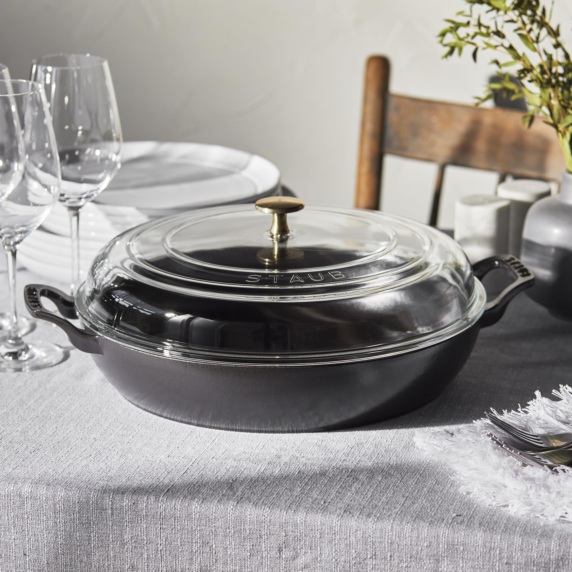 STAUB 3.5-Quart Matte Black Enameled Cast Iron Braiser with Glass Lid - Perfect for Slow Cooking, Roasting & Serving Dishes Family Style
