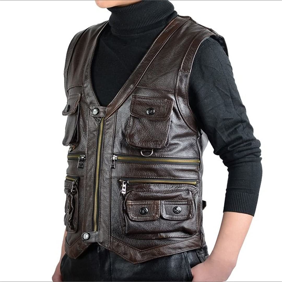 Men's Multi-Pocket Leather Vest - Thick Motorcycle Waistcoat with Zipper, Sleeveless Jacket for Bikers & Outdoor Enthusiasts | Perfect for Riding, Travel & Casual Wear