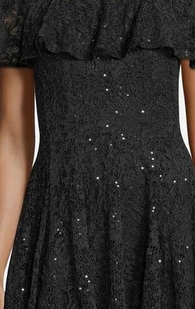 Betsy & Adam Women's Black Lace Short Sleeve Off-Shoulder Mini A-Line Party Dress - Size 6 | Perfect for Cocktail Parties, Date Nights & Special Occasions