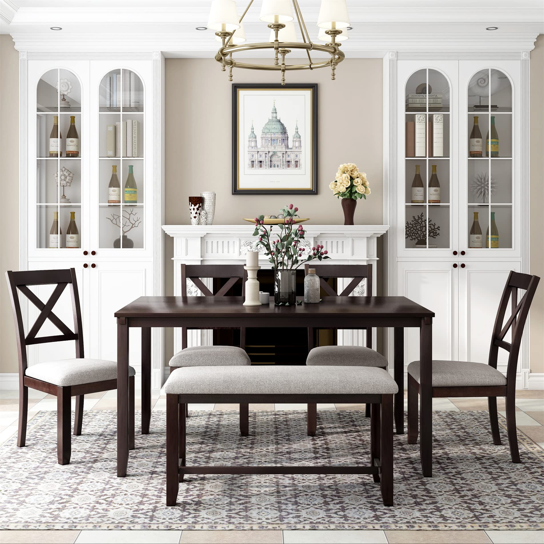 Stylish 6-Piece Espresso Wooden Dining Table Set with Tufted Bench & 4 High-Back Upholstered Chairs, Perfect for Family Meals and Entertaining Guests