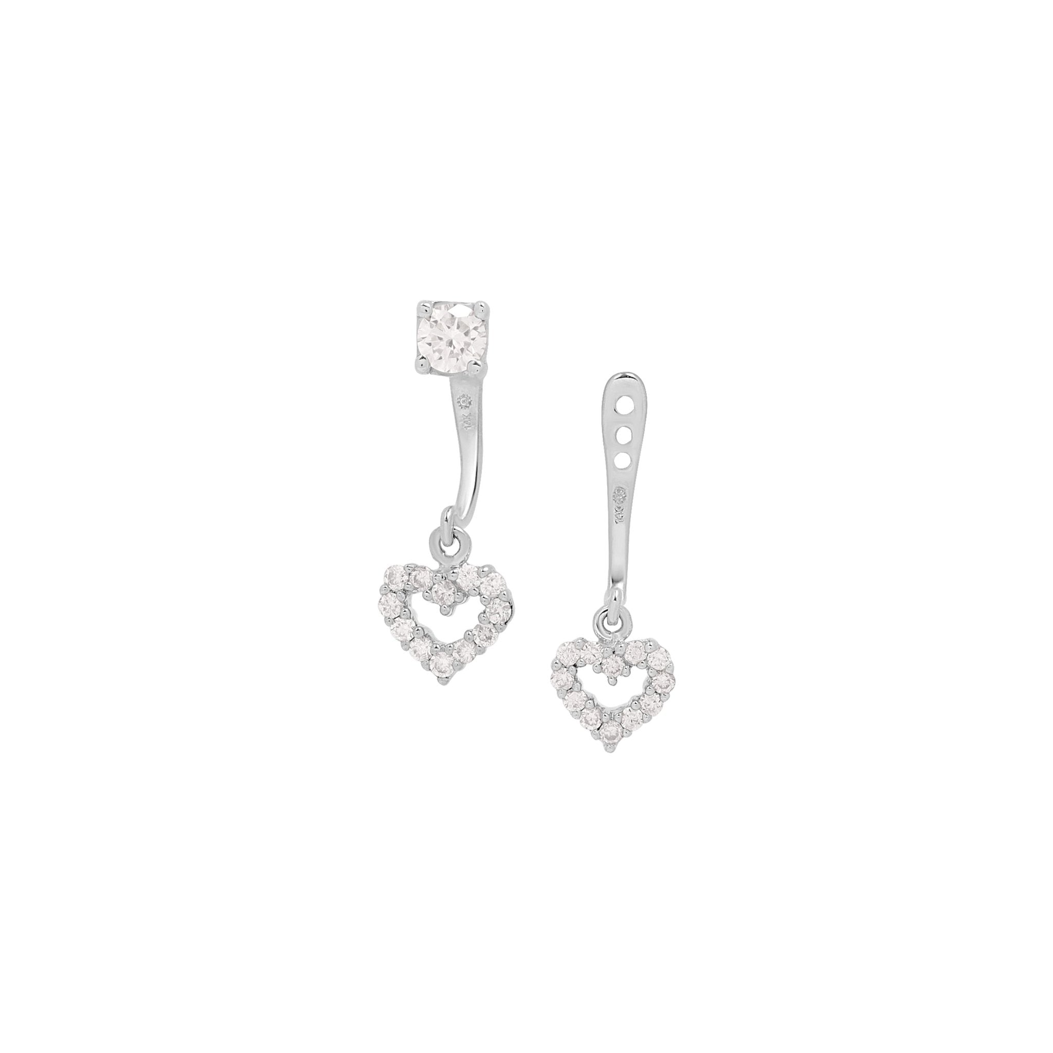 14K White Gold Diamond Heart Ear Jacket & Stud Set - Elegant Dangle Earrings for Women, Perfect for Weddings, Date Nights & Special Occasions
