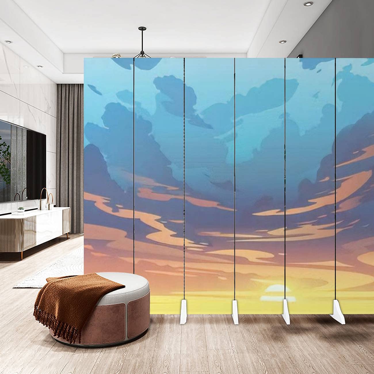 6-Panel Canvas Room Divider Screen with Sunset Cloud Design - Folding Privacy Partition for Bedroom, Office & Living Space