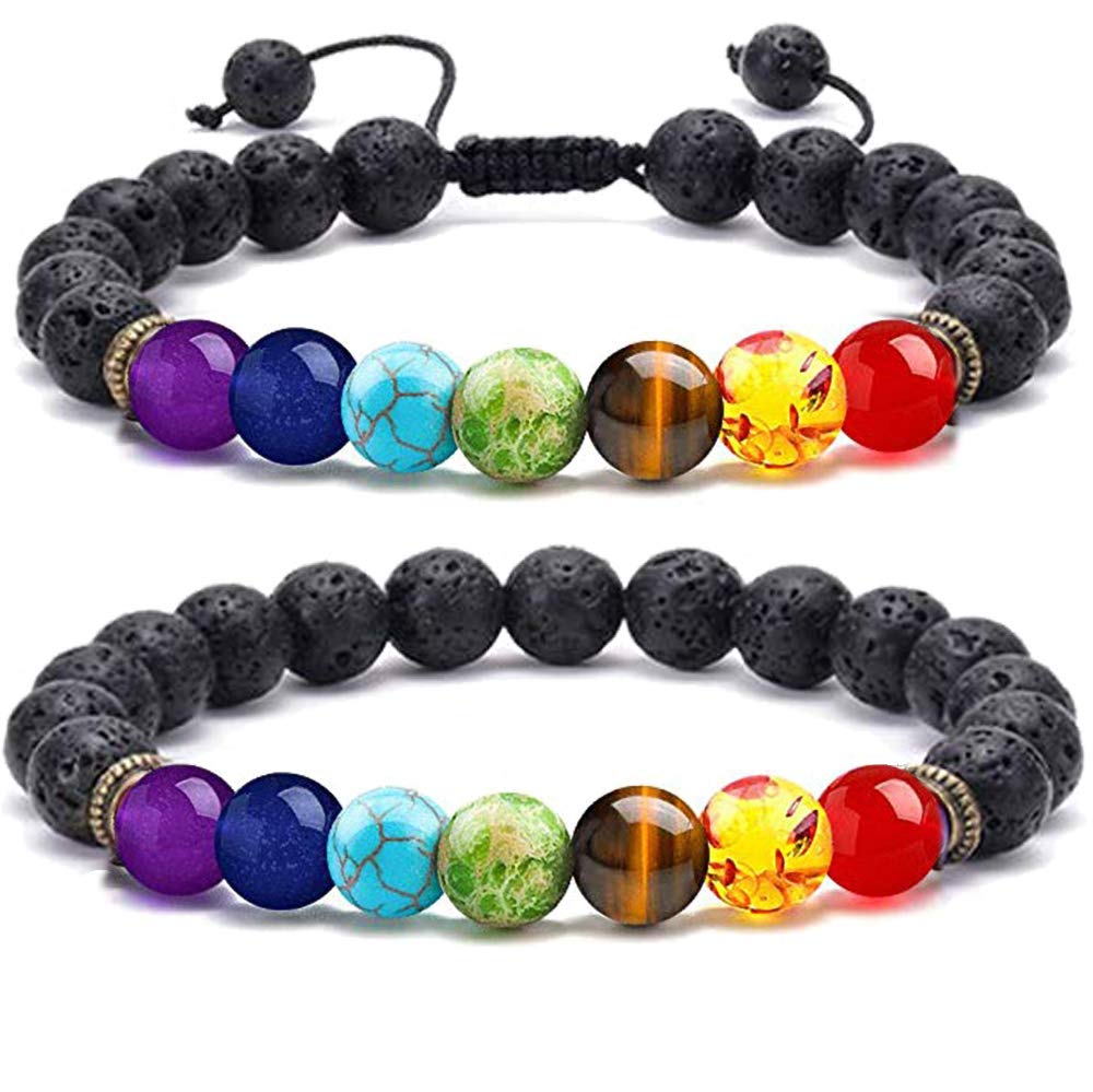 WAINIS 2-14 Pcs Lava Rock Essential Oil Diffuser Bracelet for Men & Women - 8mm Natural Stone Beads with 7 Chakra Healing - Aromatherapy Yoga Meditation Jewelry Gift for Stress Relief & Spiritual Wellness