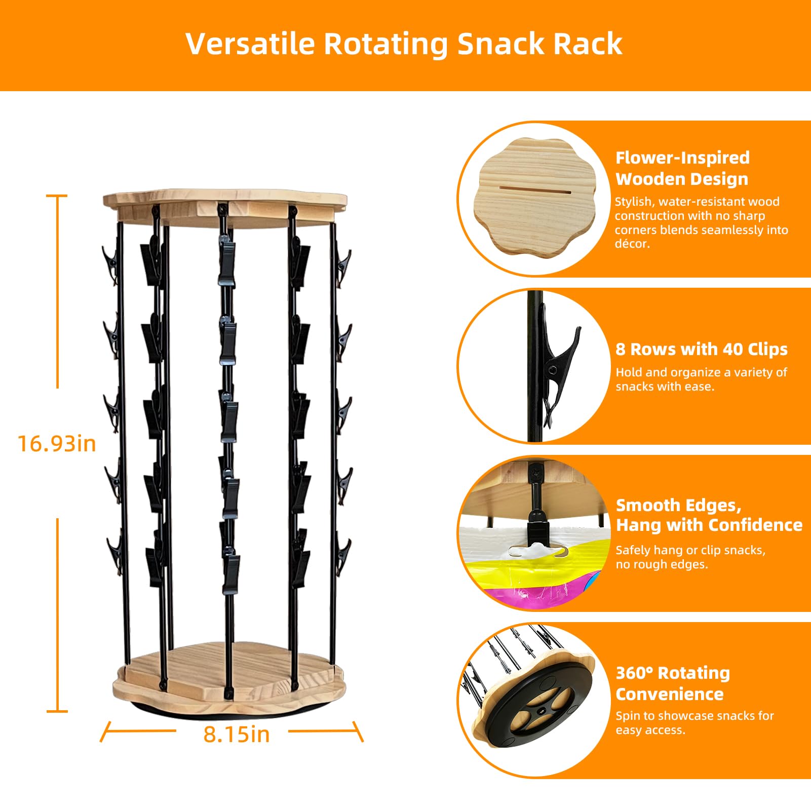 Wooden Flower-Shaped Rotating Chip Rack Display Stand with 40 Clips - Snack Organizer for Pantry, Party & Concession Stand - Waterproof Chip Bag Holder for Home, Office & Store Displays