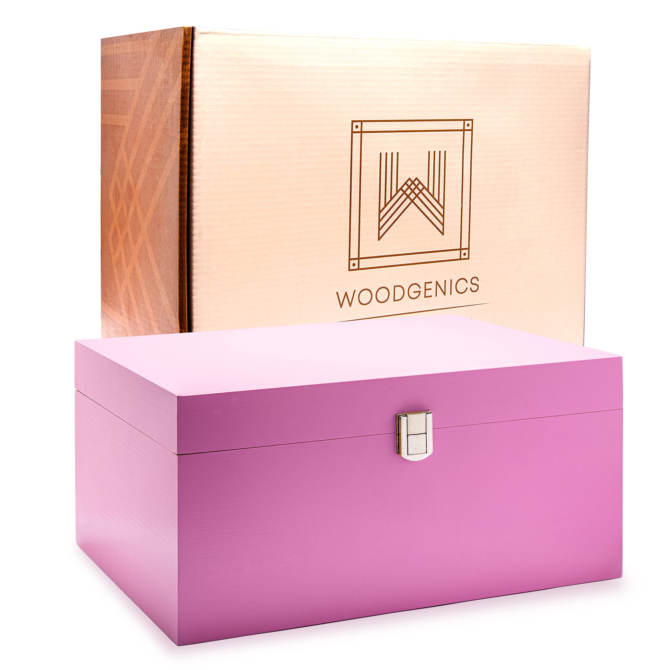 Premium Wooden Gift Box with Hinged Lid - Large Keepsake Memory Storage Box for Jewelry, Photos & Mementos - Decorative Pink Wood Box with Lid for Home Organization, Wedding Favors & DIY Crafts