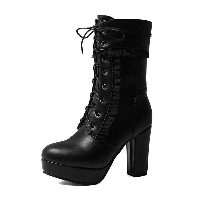 Lovevop Women's Autumn Winter Short Boots - High Heel Ankle Boots with Lace Up, Buckle Strap & Ruffles | Fashionable for Casual Outfits, Office Wear & Date Nights