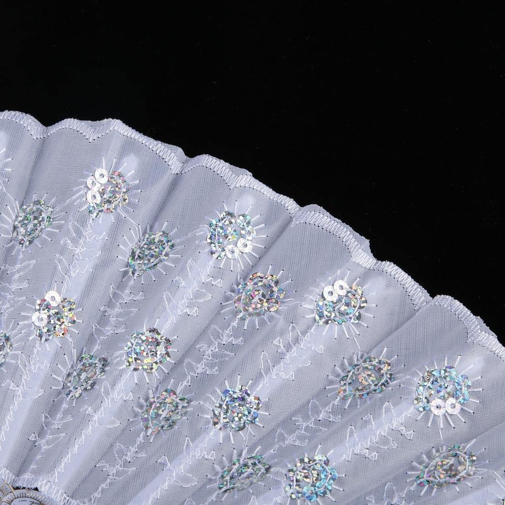 Handheld Oriental Embroidery Fan with Sequins - Foldable Plastic Fan for Women, Wedding, Party & Home Decor - Elegant White Chinese Style Fan for Cooling, Dance Performances & Asian-Themed Events
