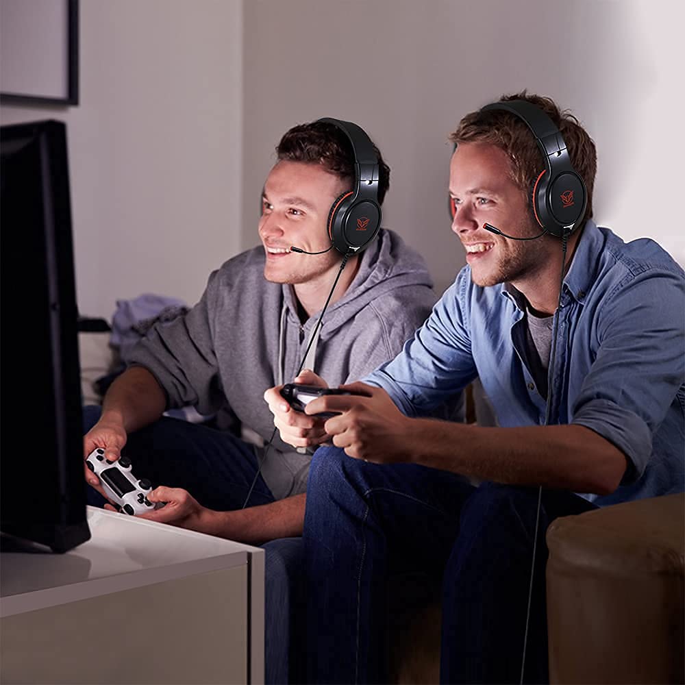 Premium Gaming Headset for Nintendo Switch, Xbox One, PS4, PS5 - Over-Ear Wired Headphones with Bass Surround & Noise Cancelling, Flexible Mic - Compatible with PC, Laptop, iPad, Smartphones (Red-Black) - Perfect for Competitive Gaming, Streaming & Online Meetings