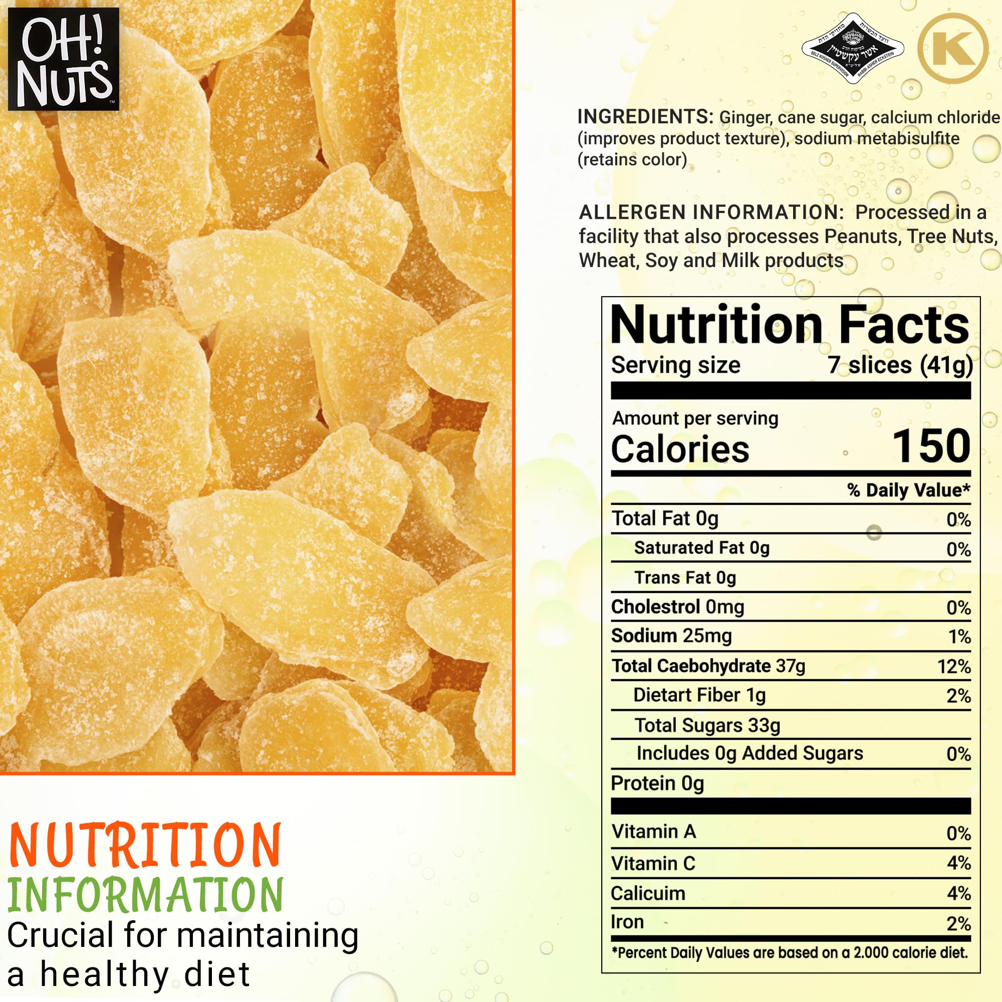 Oh! Nuts Ginger Candy - 2 lb Bag - Dried Ginger Slices with Crystallized Sugar Coating - Dehydrated Fruit Snacks - Packed in Resealable Zip Bag for Freshness - Perfect for Baking, Tea Pairing & Healthy On-the-Go Snacking