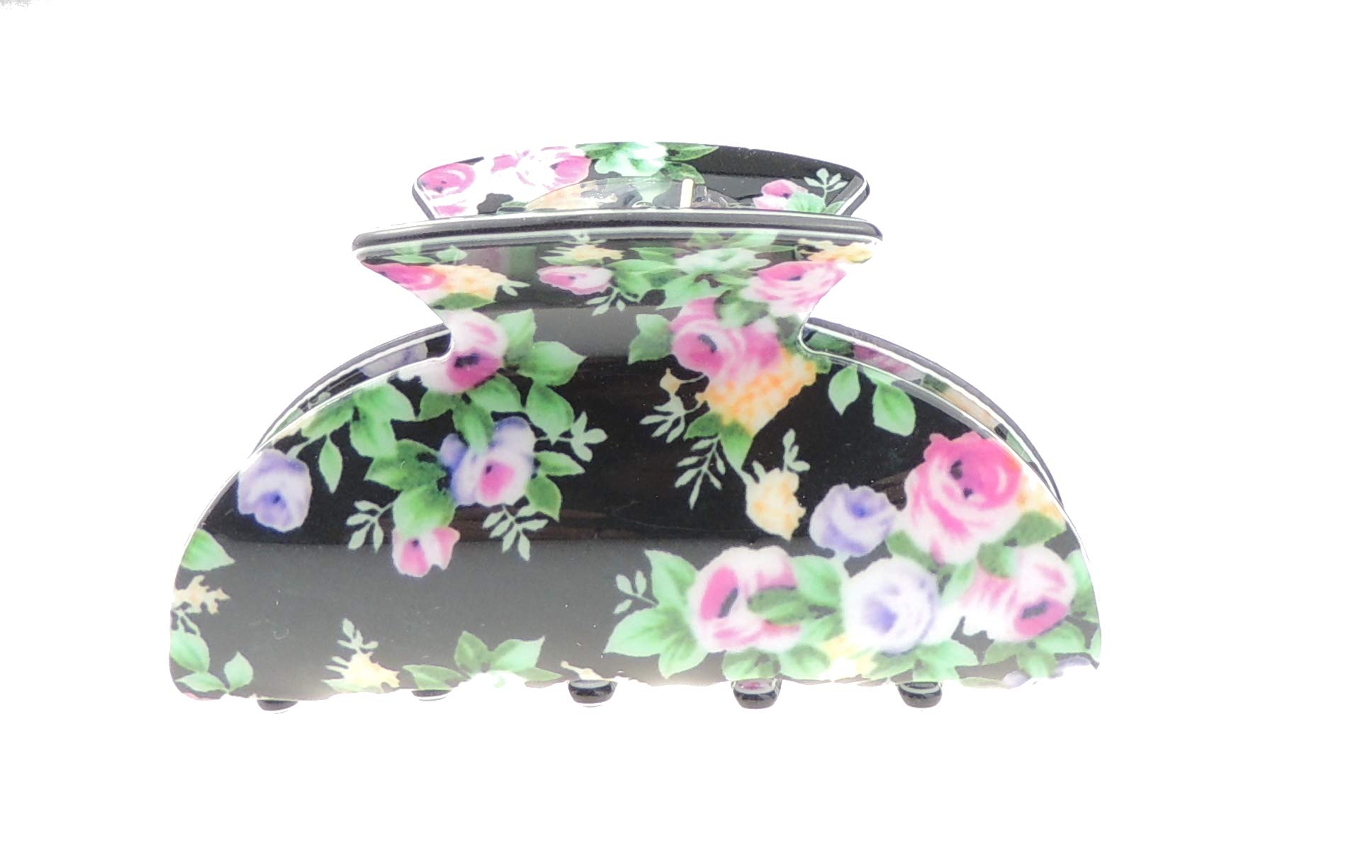 Glamour Girlz Women's Floral Hair Claw Clip - 6cm Mini Hair Clamp with English Garden Rose Print (Black) - Perfect for Parties, Weddings & Everyday Hairstyles