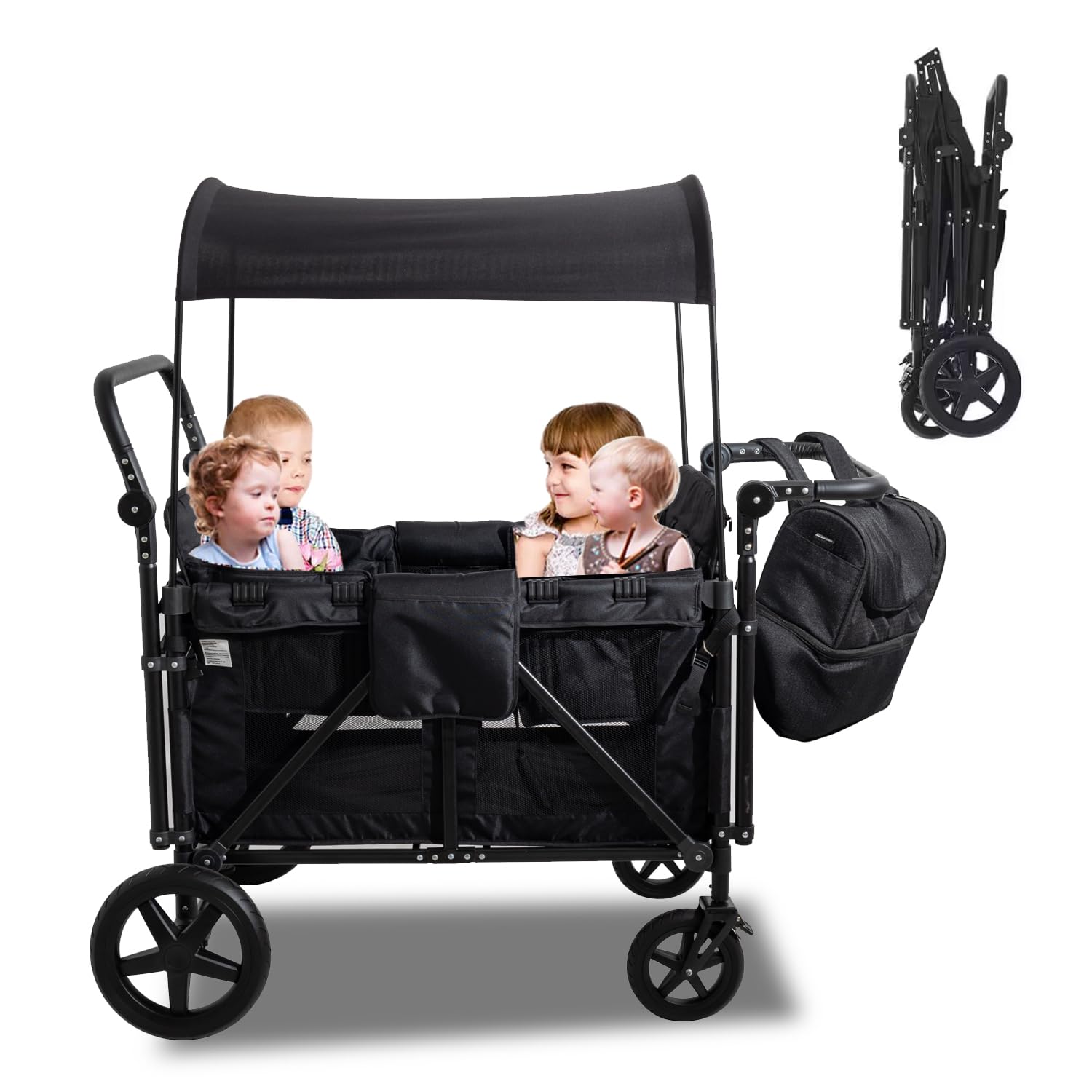 **Foldable 4-Wheel Wagon Stroller for Kids - 5-Point Safety Harness, Detachable Seats & Removable Canopy - Double Push Bar for 1-5 Year Olds - Perfect for Park Outings, Beach Trips & Shopping**