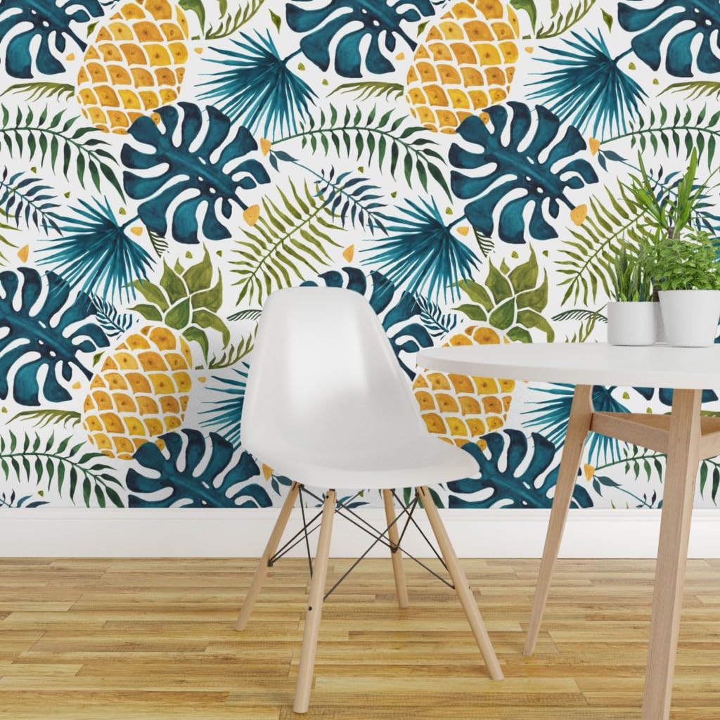 Removable Wallpaper Swatch - Tropical Pineapple Blue Yellow Leaves Design | Pre-Pasted Peel & Stick Wallpaper for Kitchen, Bathroom, Nursery | Spoonflower Custom Summer Fruit Decor