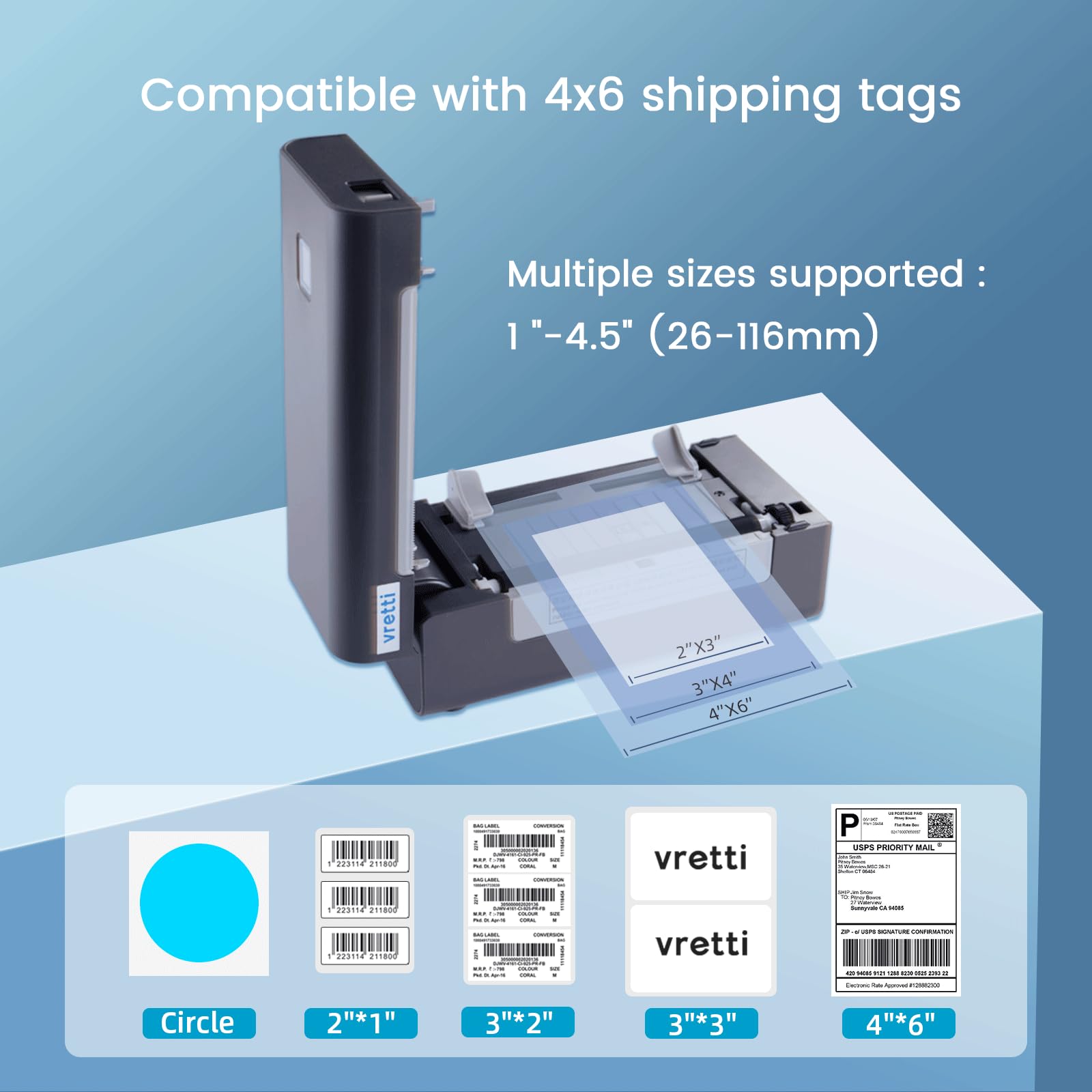 Vretti 4x6 Wireless Bluetooth Thermal Shipping Label Printer - Compatible with Mac, Windows, iOS, Linux - Perfect for Amazon, eBay, Shopify, Etsy & USPS Packages - Ideal for Home Offices, Small Businesses & E-commerce Sellers