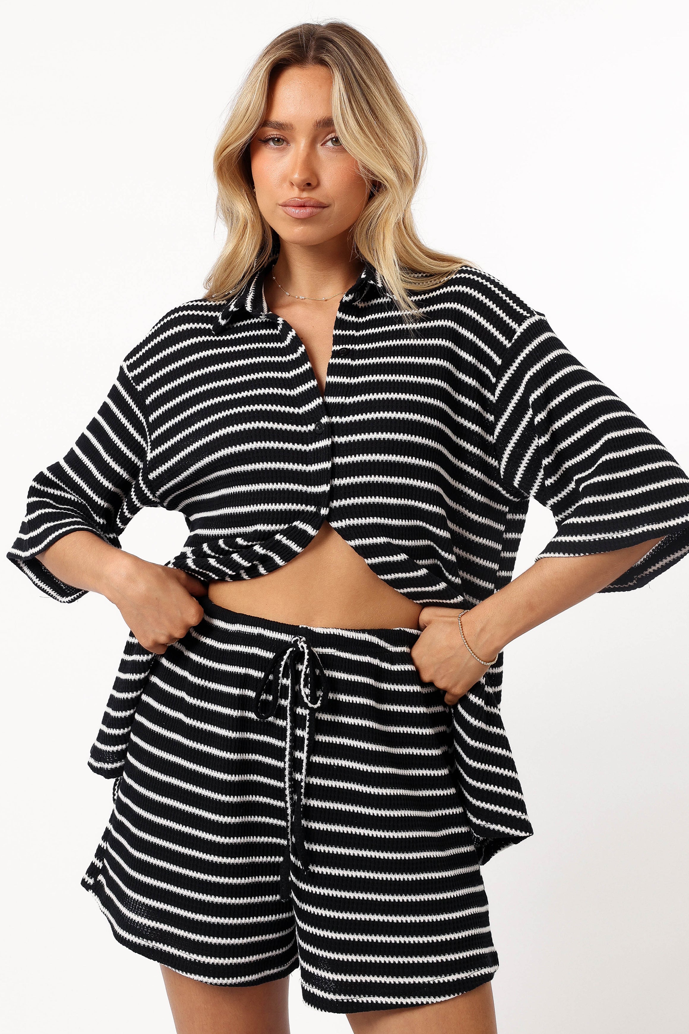 Linnea Women's Short Sleeve Top and Shorts Set - Black & White Outfit for Summer Casual Wear, Beach Vacation, and Lounge Comfort