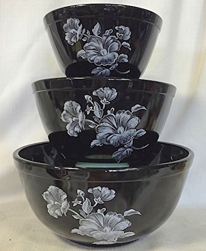Premium Mixing Nesting Bowls Set of 3 - Rosso Exclusive Black Decaled - Handcrafted in USA by Mosser Glass - White Floral Design - Perfect for Baking, Cooking & Kitchen Storage