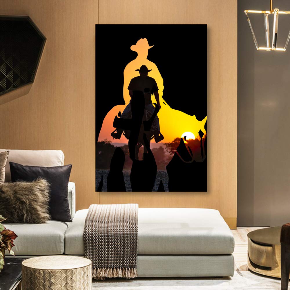 Western Cowboy Canvas Wall Art - 32x48 Inch Framed Painting for Home Decor, Bedroom & Living Room | Rustic Ranch Style Wall Decor for Cabin, Office & Man Cave