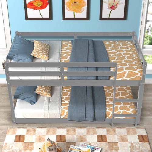 Twin Over Twin Wooden Bunk Bed with Guardrails & Ladder - Low Profile Kids Bunk Bed Frame in Gray - Perfect for Small Bedrooms, Shared Kids Rooms & Space-Saving Sleep Solutions