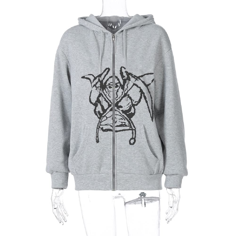 Women's Long Sleeve Printed Zip-Up Hoodie Jacket - Vintage Y2K Style Loose Fit Casual Sweatshirt for Halloween, Streetwear & Everyday Fashion