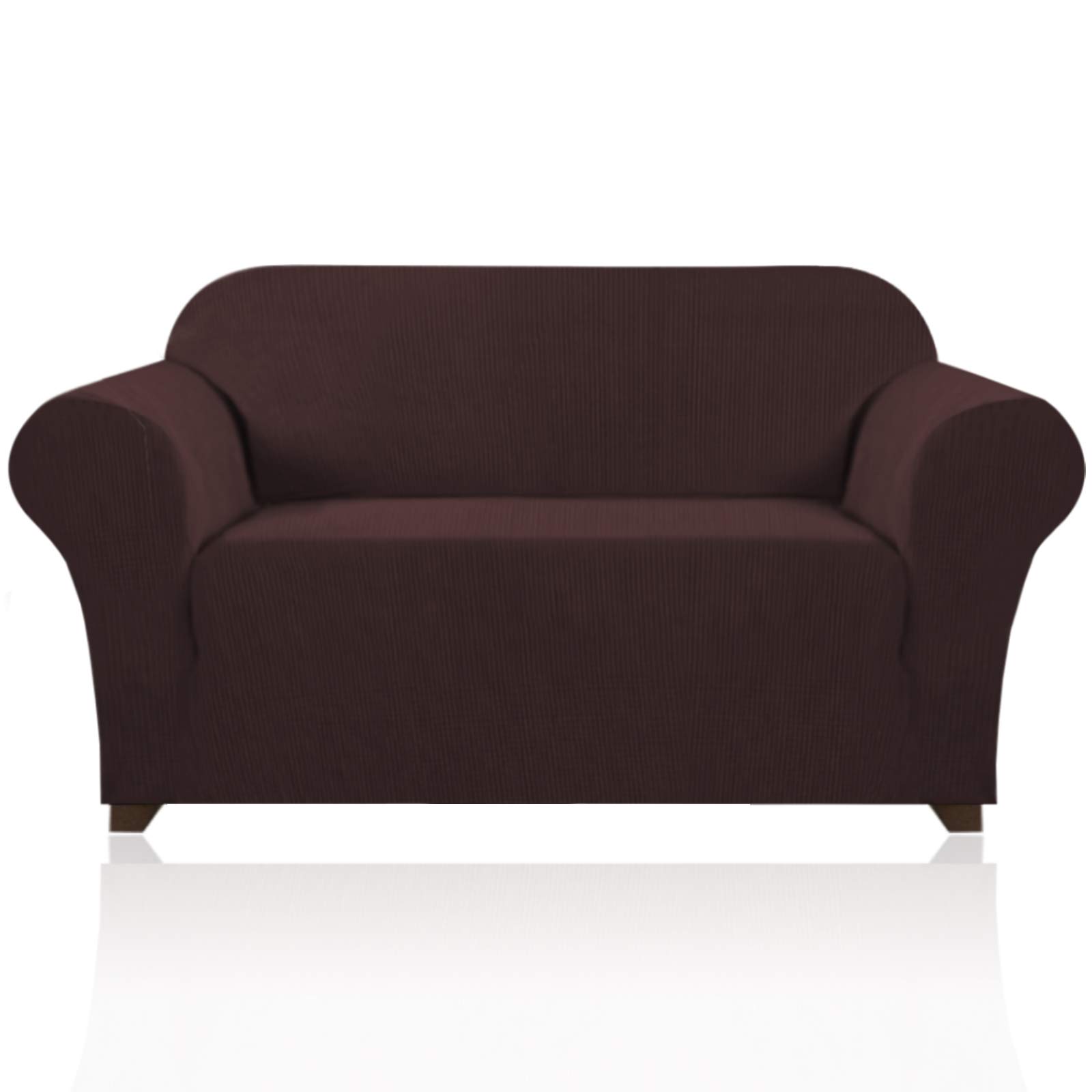 PrinceDeco Stretch Loveseat Sofa Cover Slipcover - Washable 2-Cushion Couch Cover with Non-Slip Bottom, Pet-Friendly Furniture Protector (Brown) - Perfect for Living Room, Apartment & Pet Owners
