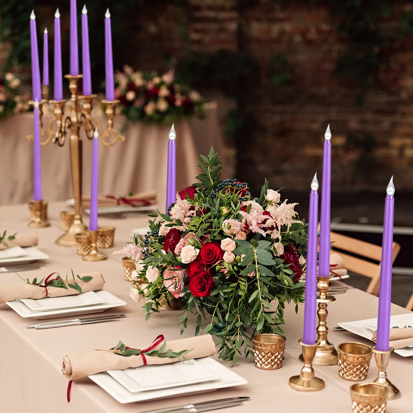 Enhon 8-Pack 10-Inch Purple Flameless LED Taper Candles - Battery Operated Flickering Candles for Wedding Decor, Christmas Centerpiece, Holiday Table Setting, Church Ceremony & Home Decoration - Safe for Kids & Pets