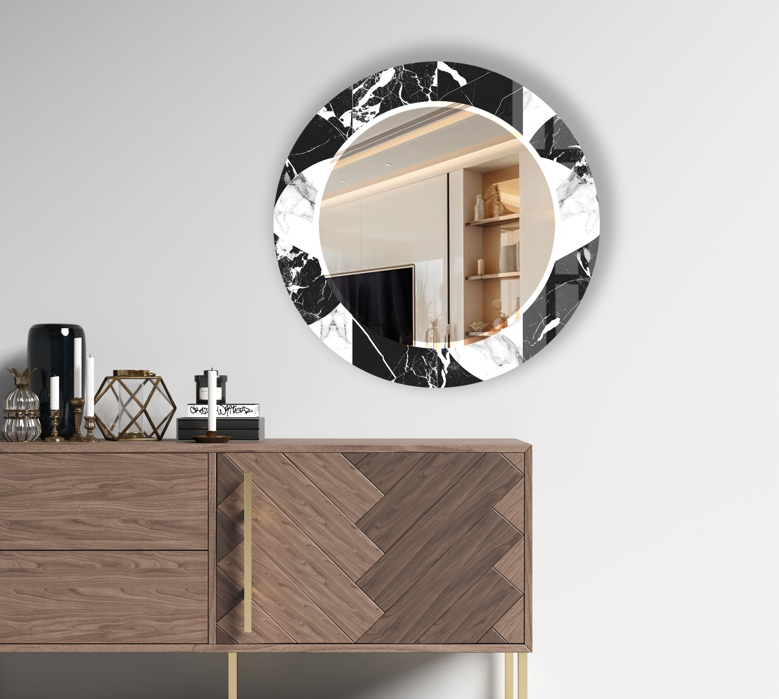 Black & White Marble Round Mirror - Modern Elegant Wall Decor for Living Room, Bedroom & Bathroom | Stylish Home Accent for Contemporary Interiors