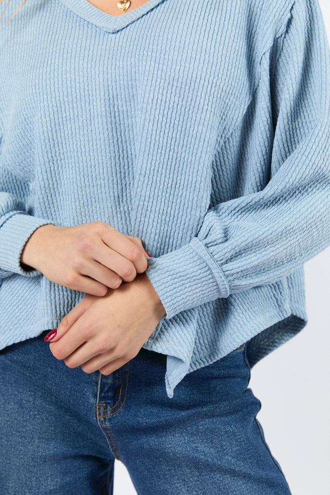 Never Say Never Dusty Blue Ribbed Knit V-Neck Long Sleeve Top for Women | Soft Stretch Casual Shirt | Perfect for Work, Date Night & Everyday Wear