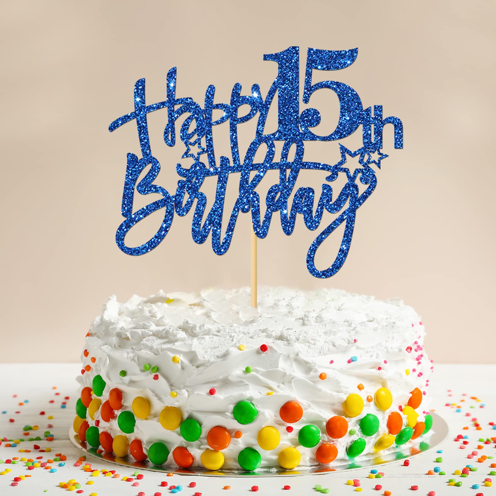15th Birthday Cake Topper - Glitter Blue Cake Decor for 15 Year Old Girl or Boy - Teen Birthday Party Supplies - Perfect for Sweet 15 Celebrations & Quinceañera Parties