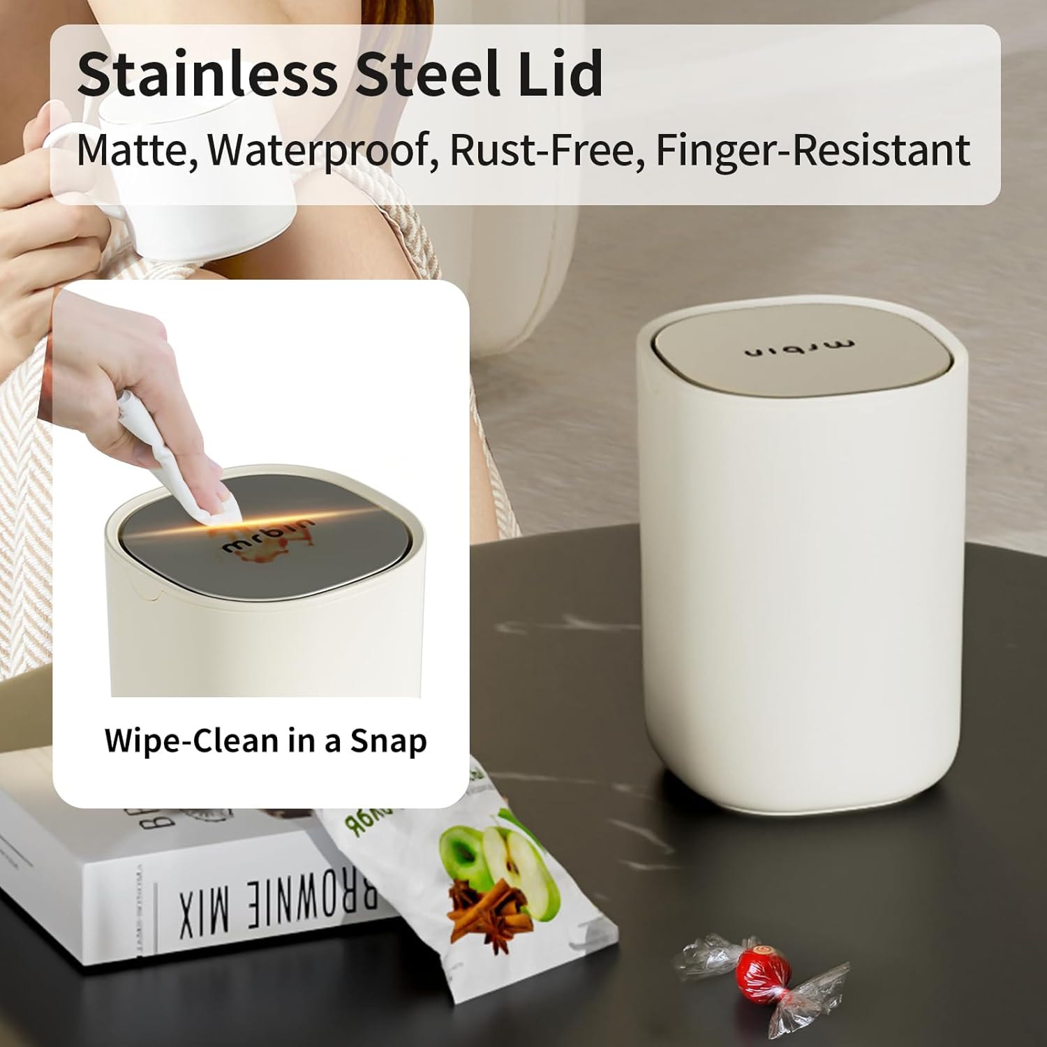 Mini Car Trash Can with Stainless Steel Lid - 0.4 Gallon Small Auto Garbage Bin for Office Desk, Vehicle, and Home Use - Perfect for Road Trips, Commuting, and Workspace Organization
