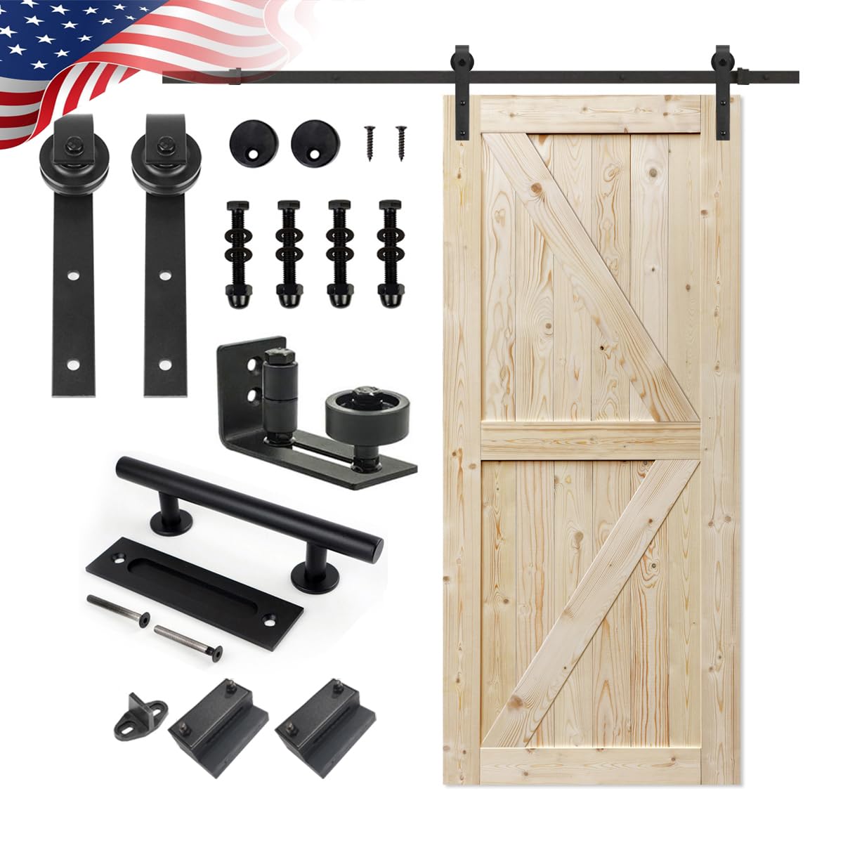 **S&Z TOPHAND 38x84 Inch Unfinished British Brace Knotty Barn Door with 6.6FT Sliding Hardware Kit - Solid Wood, Double Surfaces, Easy Assembly (J-Shape Track) - Perfect for Farmhouse, Rustic, or Modern Home Décor**