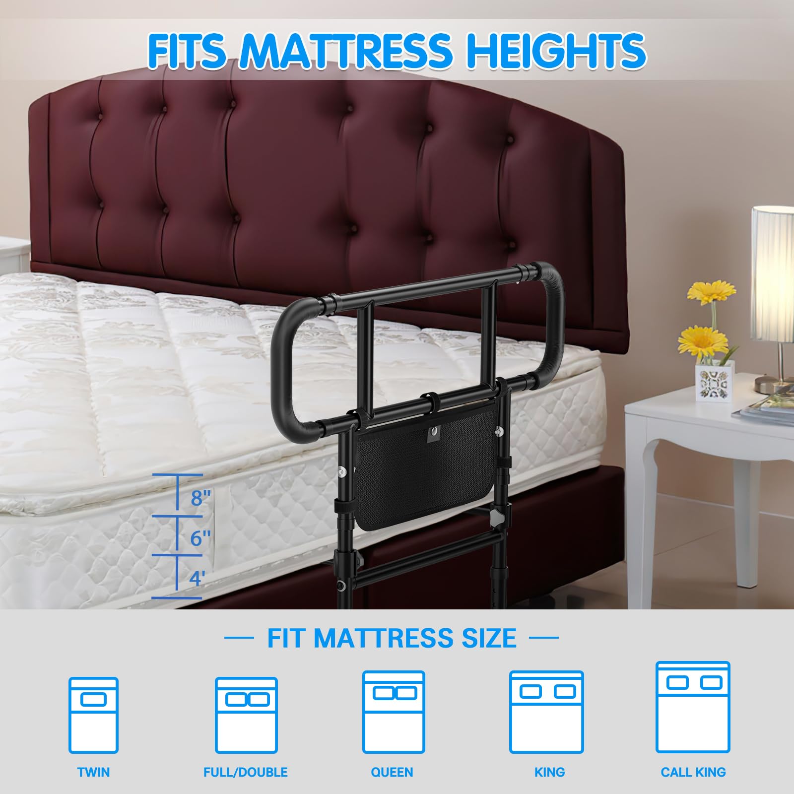 FORTEMOTUS Heavy Duty Bed Rails for Elderly Adults - Foldable Safety Bed Assist Rails with Extendable Guard Rails, Adjustable Height, Storage Pocket & Safety Belt (Supports 450lbs) - Ideal for Senior Home Care & Fall Prevention