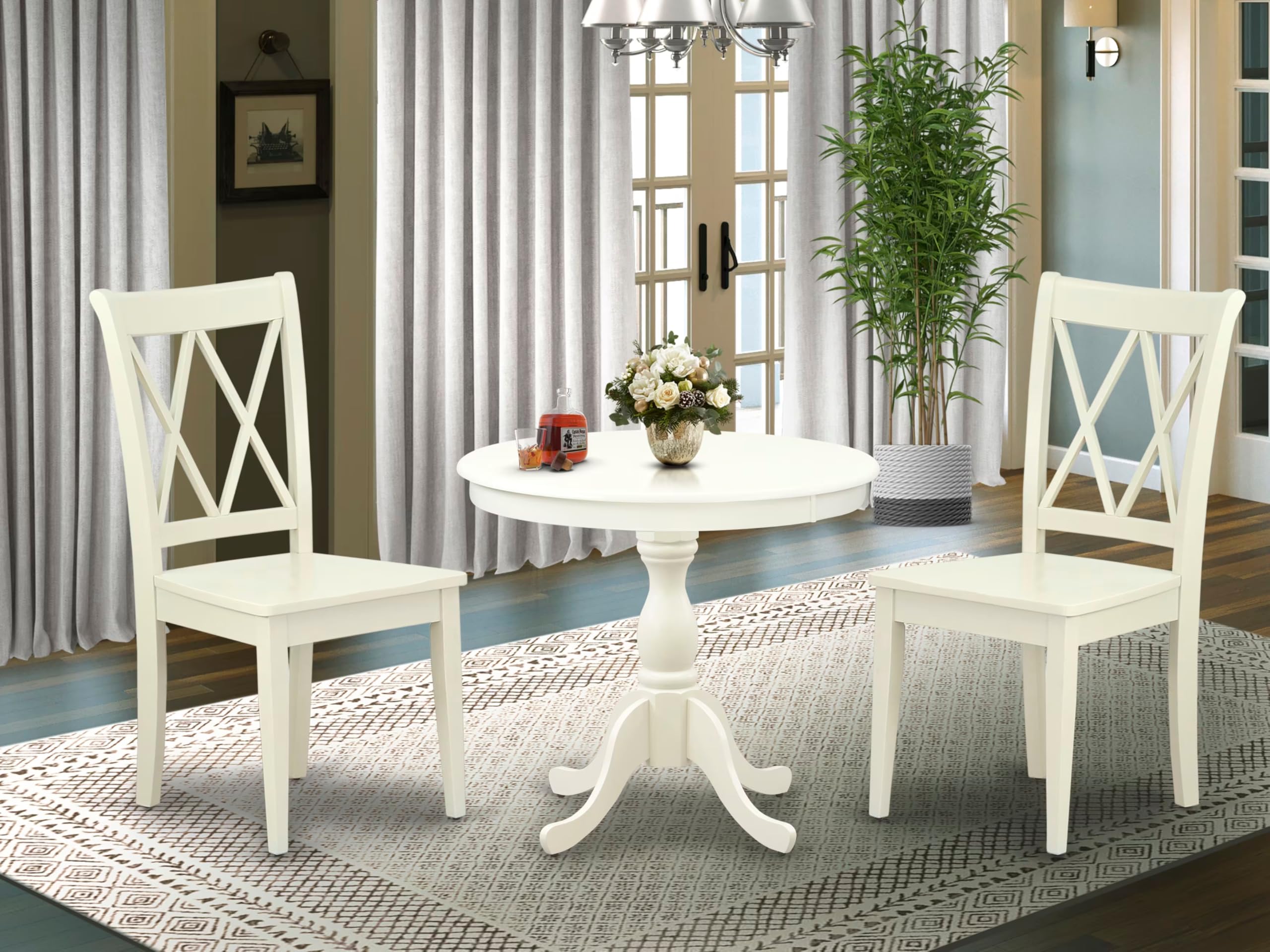 East West Furniture AMCL3-LWH-W 3 Piece Round Dining Table Set with Pedestal Base & 2 Chairs, 36x36 Inch, Linen White - Perfect for Small Kitchen, Breakfast Nook or Apartment Dining Area