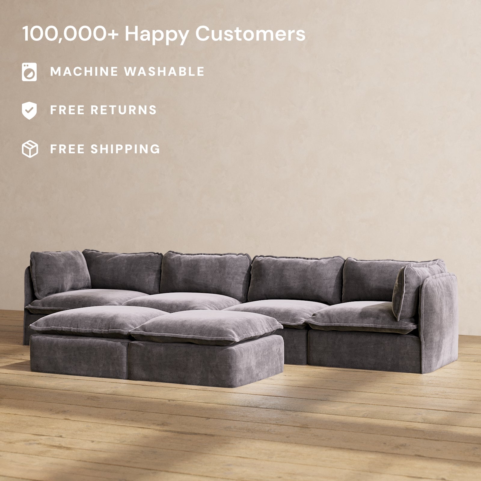 Premium Modular Performance 4-Seater Sofa with Bench Ottoman in Cinder Gray | Luxe Blend Fabric | Perfect for Living Room, Family Room & Home Theater