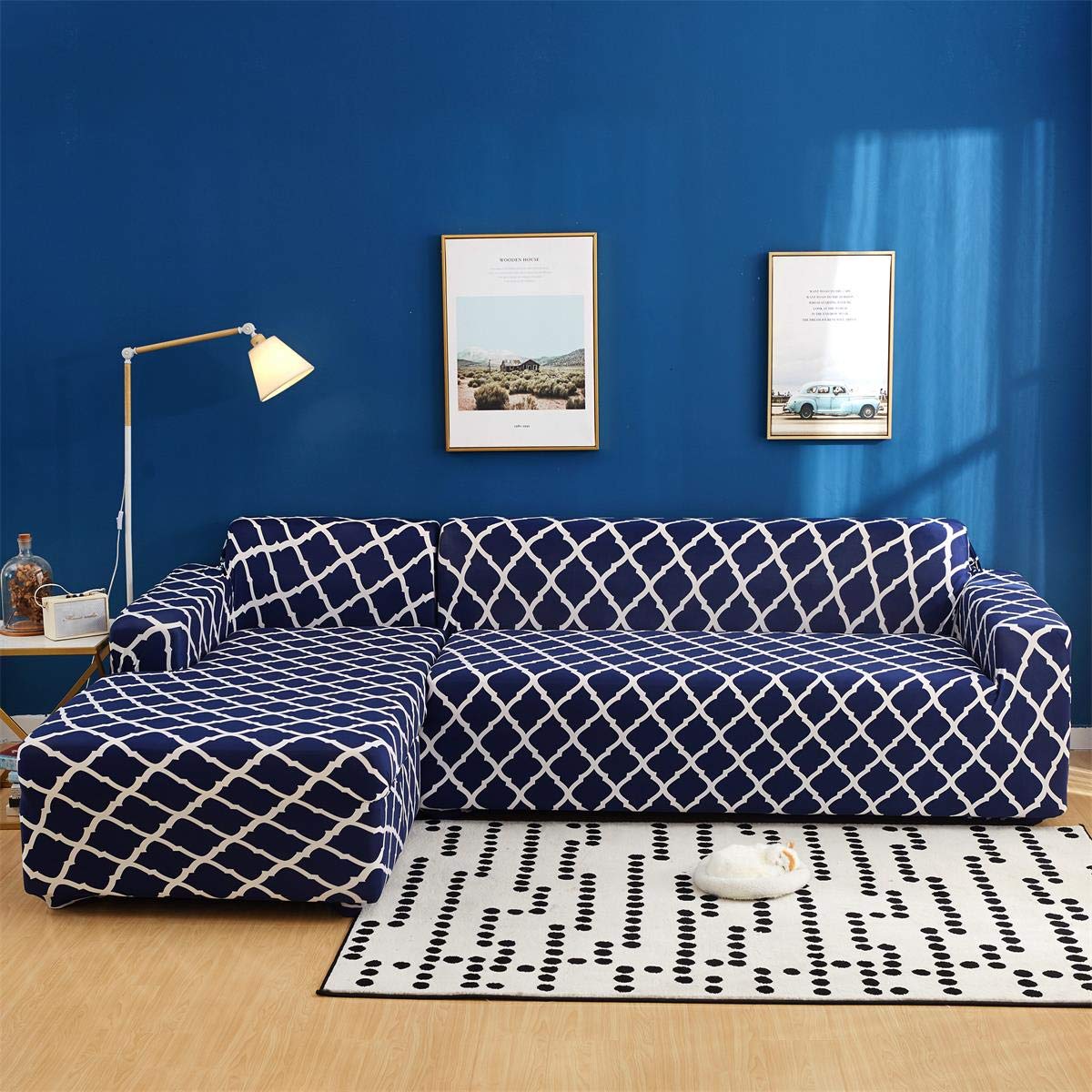 L-Shaped Sofa Slipcover - Anti-Slip, Stain Resistant Stretch Couch Cover for Sectional Couches (2+3 Seater, Navy Blue) with 2 Pillowcases - Perfect for Living Room, Family Room & Home Theater Furniture Protection
