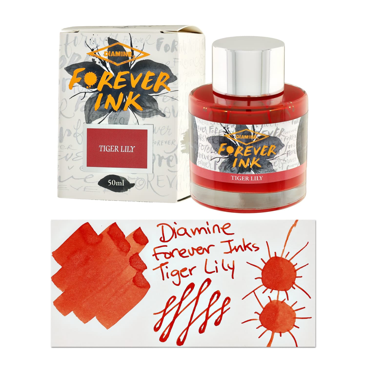 Diamine Forever Ink Bottle - 50ml Tiger Lily Orange Fountain Pen Ink for Calligraphy, Writing & Art - Premium Long-Lasting Ink for Journals, Letters & Creative Projects